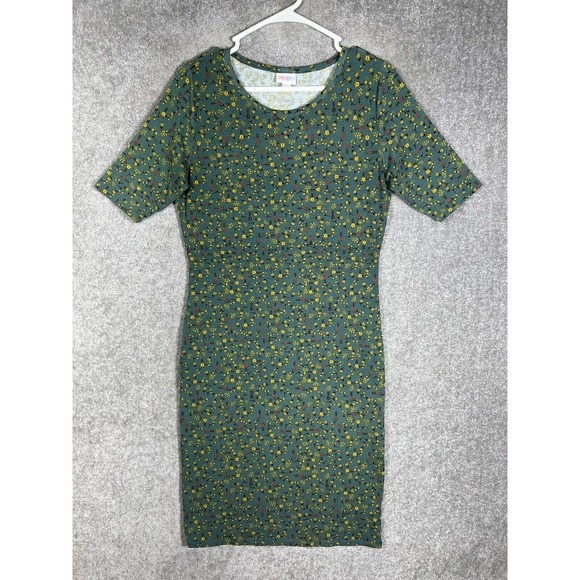 Lularoe Julia‎ Short Sleeve Midi Dress Womens Size Medium Stretch Green Floral - Picture 1 of 14